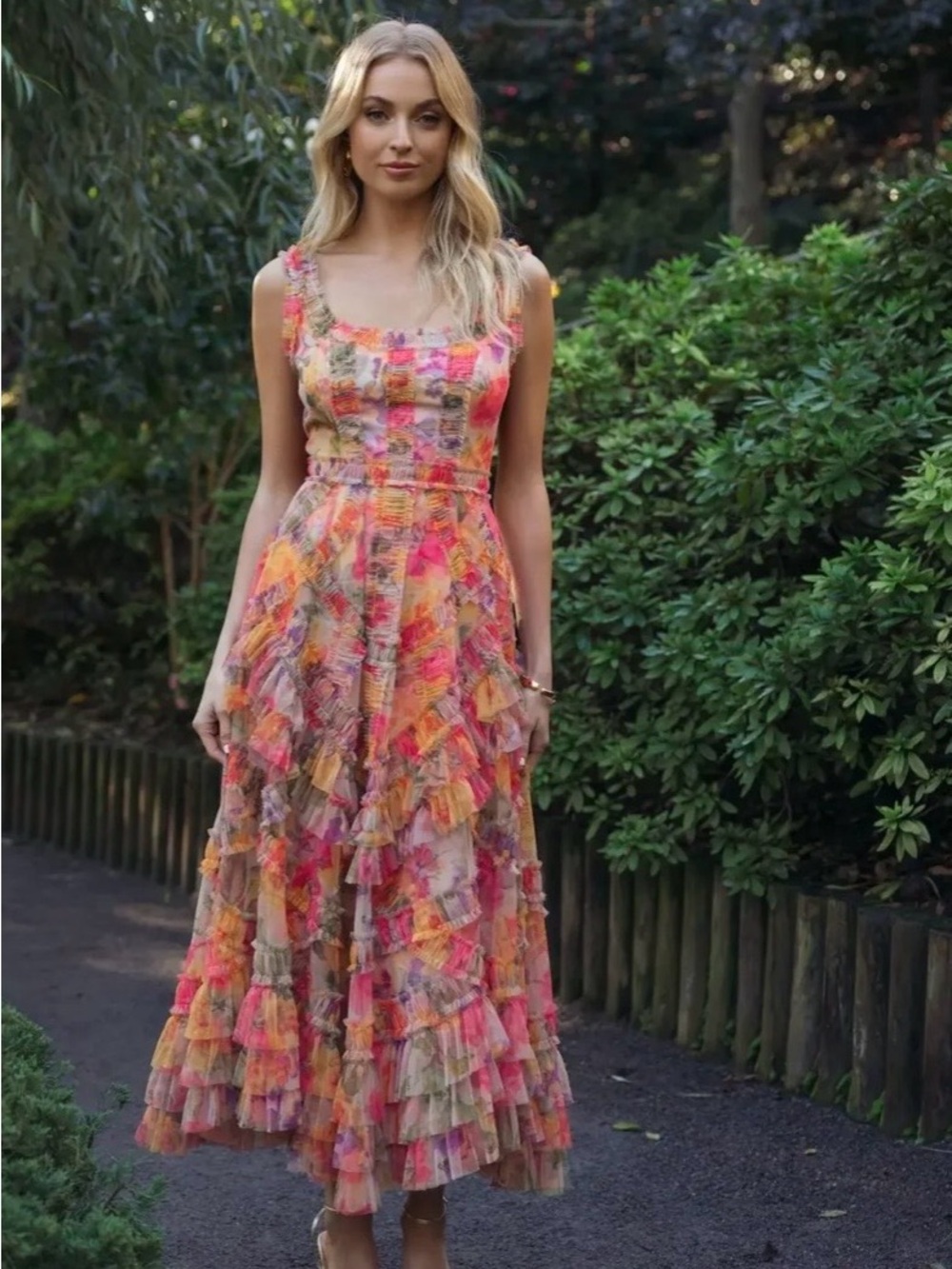 Mac Duggal Floral Ruffle Midi Dress in Pink & Orange